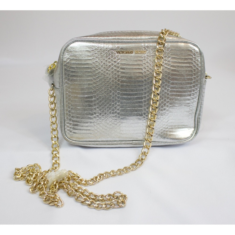Victorias Secret Silver Metallic Snakeskin Crossbody Bag Gold Chain NWOT